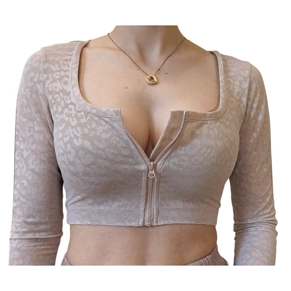 VICTORIA'S SECRET Blush Leopard Mesh Full Zip Cropped Long Sleeve Top Small EUC